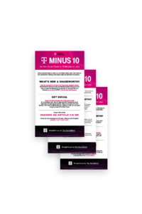 Three overlapping flyers titled "T-Minus 10" with text detailing tips for improving social media engagement in 10 minutes or less. The design features a pink and purple color scheme.