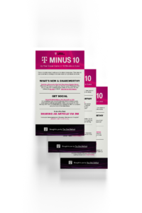 Three overlapping purple and pink flyers titled "Minus 10: Up Your Social Game in 10 Minutes or Less." The flyers mention tips for being shareworthy, getting social, and sharing articles via DM. They are brought by "The Gen Method.