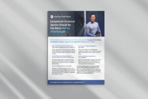 A brochure titled "Exceptional Customer Service Should Be the Norm, Not an Afterthought" features a smiling person standing in a data center. It includes text about questions to ask your data center provider regarding customer service.
