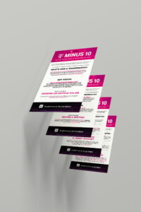 A stack of five informational flyers arranged diagonally, titled "Minus 10," featuring sections on sharing content, social media tips, and meeting preparation. The flyers have a pink and white color scheme with black text.