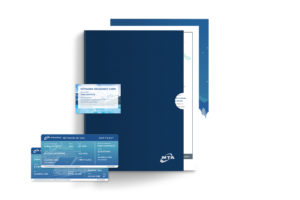 Dark blue folder with the MTA logo, containing documents and a network insurance card. In the foreground, there are three blue cards labeled "SHIP TICKET" with details like ship name, 24HR CONTACT, and ALASKA, USA.