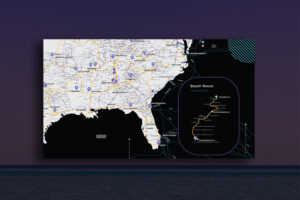 Map of the southeastern United States highlighting cities and highways. An inset shows a "Beach Route" along the coast, marked in yellow. Purple markers indicate selected locations on the main map.