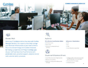 Office setting with people working at desks with computers. Brochure for ConRes Managed Services detailing an elevator pitch, audience, influencers/stakeholders, and business drivers, emphasizing IT solutions and performance improvements.