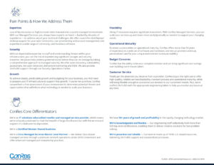 A business document titled "Pain Points & How We Address Them" with sections on expertise, security, growth, flexibility, operational maturity, preventive measures, culture of service, and differentiators of ConRes. Logos and footnotes are included.