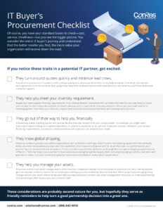 An IT buyer's procurement checklist by ConRes includes points on selecting the right IT partner: quick quotes, diversity fulfillment, problem-solving, transparent terms, asset management, and successful past experiences. Contact info is provided.