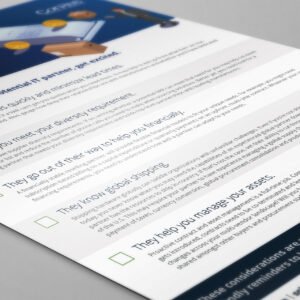 A brochure or flyer with text describing financial and shipping services. The headings include diversity requirements, financial assistance, global shipping knowledge, and asset management. The design features an illustration of coins and a tablet.