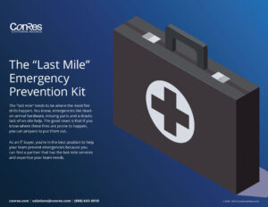 Illustration of a black briefcase with a white cross on it, symbolizing an emergency kit. The text next to it describes the "Last Mile" Emergency Prevention Kit for IT buyers to prevent emergencies and prepare on-site. Contact information is included at the bottom.