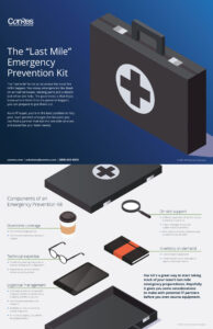 Infographic titled "The 'Last Mile' Emergency Prevention Kit" featuring a toolkit with a medical cross, listed components for emergency preparedness, and contact information for conres.com. Includes sections on downtime coverage, technical expertise, and more.