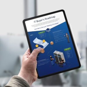 A person holds a tablet displaying an infographic titled "IT Buyer's Roadmap." The visual includes diagrams, text, and illustrations of people, papers, boxes, and servers, highlighting various stages of the IT purchasing process.