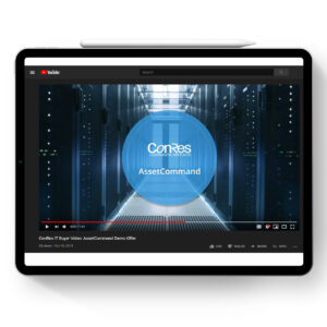 A tablet displaying a YouTube video paused at the beginning. The video screen shows a futuristic corridor with a blue overlay reading "ConRes AssetCommand." The YouTube interface is visible with controls and video details.