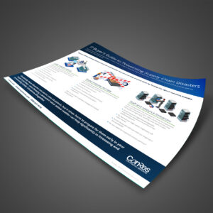 A tilted IT buyer's guide pamphlet on preventing supply chain disasters. Features sections on evolving tech needs, budget constraints, and staff/resource limitations, with graphics and text. Company logo "Cores" at the bottom right.