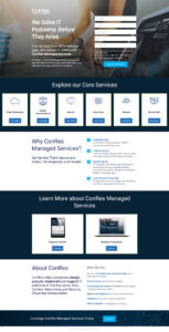 A webpage screenshot for ConRes Managed Services, featuring IT solutions. Core services include Cloud Optimization, Unified Communications, Security, Data Center, Networking, and Service Desk. It highlights benefits, features, and offers a contact form.