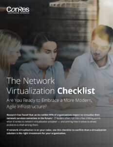 A group of people in an office setting work intently on a project. The text overlay promotes a "Network Virtualization Checklist," highlighting the importance of modernizing network services.