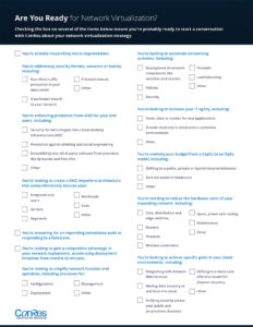 A checklist titled "Are You Ready for Network Virtualization?" It contains sections on micro-segmentation, enhanced protection, automated activities, enhancing IT agility, and more, with checkboxes and detailed options for each section.