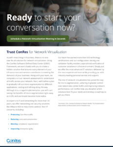A promotional flyer for ConRes focusing on network virtualization. It mentions the company's expertise in assessing, designing, testing, and validation processes, along with over 500 technology certifications. Includes a call to action.