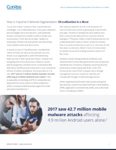A document titled "How to Implement Network Segmentation: Virtualization is a Must." It discusses the importance of network segmentation, the threat of cybercriminals, and statistics on malware attacks affecting mobile devices.