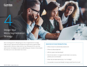 A team reviews a micro-segmentation strategy on a laptop. A slide titled "Design Your Micro-Segmentation Strategy" displays questions to consider about project scope, hardware needs, and automation roles. The image includes a company logo and contact info.