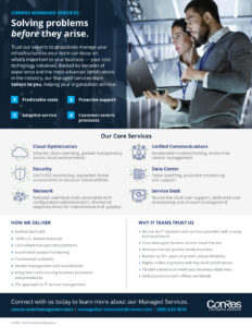 A flyer titled "ConRes Managed Services: Solving problems before they arise." Features core services like cloud optimization, unified communications, and security. Includes a photo of two people working at computers, with benefits and contact info listed.