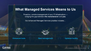 A presentation slide titled "What Managed Services Means to Us." It highlights proactive IT infrastructure management with enhanced tools, new management, and an updated facility. The background features a stylized image of a bridge at night.