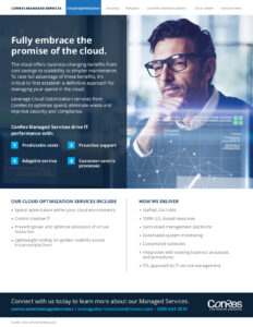 Promotional flyer for ConRes Managed Services highlighting cloud optimization. Features sections on benefits, service offerings, how they deliver, and contact information. Main points include predictable costs, adaptive services, and expert support.