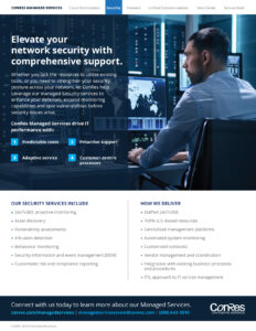 ConRes Managed Services infographic highlighting network security support. Lists features like proactive monitoring, 24x7x365 services, and customer-centric processes. Contact details and services like 100% U.S.-based resources are included.