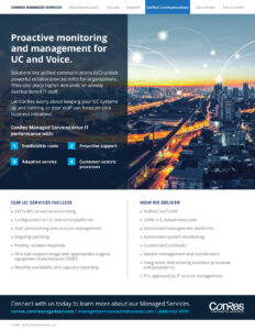 An infographic for ConRes Managed Services highlighting proactive IT management for unified communications. Features include 24/7 service, process optimization, and customer-centric approaches. Contact details are provided at the bottom.