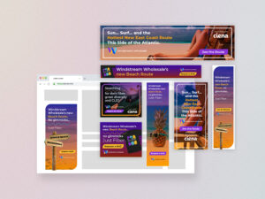 A collection of colorful digital ads with tropical themes, promoting Windstream Wholesale's new beach route with phrases about surfing and direct network connections. Includes beach images, pineapples, and signposts with city names.
