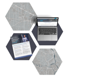 An arrangement of five hexagons: three displaying map sections, one with a leaflet about executive business coaching, and one with a laptop displaying a website.