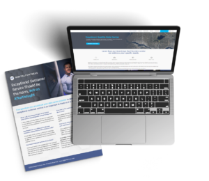 A laptop displaying a website is open next to a promotional brochure. The page on the laptop shows a map and text about a Seattle data center. The brochure features information on customer service from Digital Fortress.