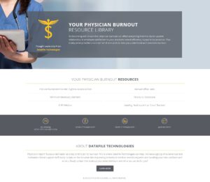 A physician holds a clipboard with a stethoscope draped over their neck. The image promotes DataFile Technologies' Physician Burnout Resource Library, offering resources on burnout management. Company logo and contact info are displayed at the bottom.