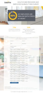 Infographic titled "Healthcare Provider and Employee Burnout Risk Survey" by DataFile Technologies, showing 90% of employees stressed at work. Highlights 73% of healthcare employees report being burned out and 56% cite tasks as contributors.