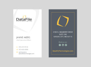 Two business cards for DataFile Technologies. Left card: Janine Akers, CEO, includes contact details. Right card: company address, 4100 N. Mulberry Drive, Suite 300, Kansas City, MO 64116, social media icons, website link.