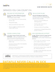 Infographic about DataFile's HIM Services Suite, highlighting services like Release of Information, Forms Completion, Fax & Scan Filing, and EHR Conversion Support. Includes a section on the benefits of working with certified WBENC enterprises.