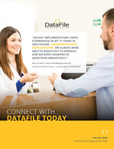 A professional woman in a white coat holds a tablet and smiles. A quote praises DataFile Technologies for its effective communication and quick responses. The company's contact information is displayed at the bottom.