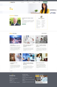 A webpage featuring a blog with a "Featured Article" section. Below are more articles on topics like National Preparedness Month, HIPAA compliance, and burnout. The design is clean with images and descriptions for each article, and a filter option.