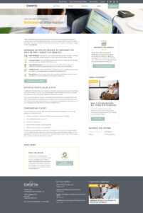 A webpage outlining an information service solution with sections on benefits, ROI calculator, and onboarding. Features recent news, a blog post, and next steps for interested users. The page has a clean design with green accents.