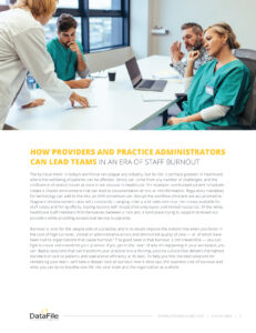 A group of healthcare professionals in a meeting room, discussing work. A woman gestures while speaking, with two men listening. A man in the background uses a laptop. The text above describes leadership in preventing staff burnout in healthcare.