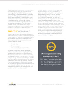 Infographic titled "How Providers and Practice Administrators Can Lead Teams in an Era of Staff Burnout." Highlights cost of burnout with stats: 90% employees stressed at work, leading causes, and cost to healthcare practices. Features a pie chart.