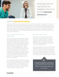 An informational document titled "How to Inspire Renewal" featuring sections on "Get the Right People in the Right Roles" and "Evaluate Your Culture." It includes text about improving employee performance and satisfaction with relevant images.