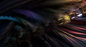 Close-up of multiple network cables with RJ45 connectors, illuminated by multicolored lighting. The cables and connectors are arranged in a row, creating a futuristic, abstract visual effect with varying shades of blue, purple, and gold.
