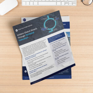 A promotional flyer for Digital Fortress, focusing on global reach through Portland colocation. The flyer includes a map, key benefits, and technological features, lying on a wooden desk alongside a keyboard and mouse.