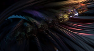 A row of network cables with transparent connectors is illuminated by soft, colorful lights, creating a futuristic and techno-aesthetic ambiance.