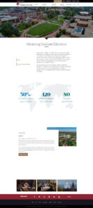 A webpage for a Graduate Education college featuring aerial campus views, key statistics about graduate enrollment, and links to apply and explore programs. The page highlights diversity, with over 50% grad students, 120 graduate degrees, and 80 countries represented.