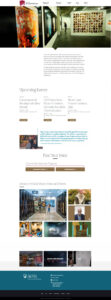Screenshot of a university's art and art history webpage. Includes a header image of a gallery, sections for upcoming events, links to academic programs, and a footer with social media and contact information.