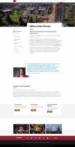 Screenshot of a university's Office of the Provost webpage. Features a header with the university's name, a panoramic campus image, sidebar navigation, and text about empathy and collaboration. Includes a photo of an unidentified person and social media links at the bottom.
