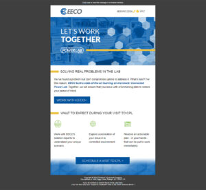 A promotional image from EECO inviting collaboration in solving lab problems. It offers a visit to the Connected Power Lab to explore solutions and actionable plans. Includes contact info at the top and a "Schedule a Visit to CPL" button at the bottom.