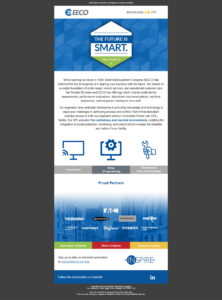 An infographic for EECO features a header with their logo and "The Future is Smart" slogan. It highlights services like sensing, processing, and securing, and lists partners such as Siemens and Rockwell. Contact details are at the top and social media links at the bottom.