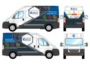 Illustration of a branded van design with the EECO logo, contact information, and a tagline: "Industrial Automation & Electric Motor Solutions with Full Line Electrical Distribution." The van is shown from side, back, and front angles.