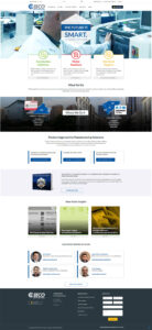 Screenshot of the EECO homepage featuring sections on automation, motor solutions, and electrical supplies. Contains images of industrial settings and buildings, expert articles, and contact information. The tagline "The Future is Smart" is prominently displayed.