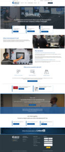 Screenshot of the EECO website featuring the Industrial IoT Lab. Includes a navigation bar, a header about solving company challenges, sections describing the lab, its purposes, and contact information. Employees are shown working with technology.